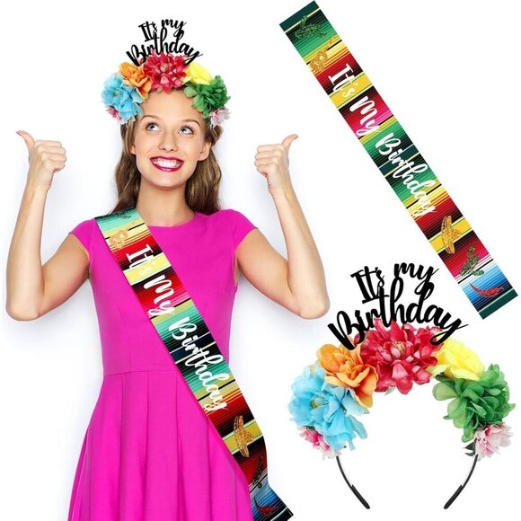 Mexican Flower Crowns Set for Celebrations Sash Headband Birthday Party main image 5